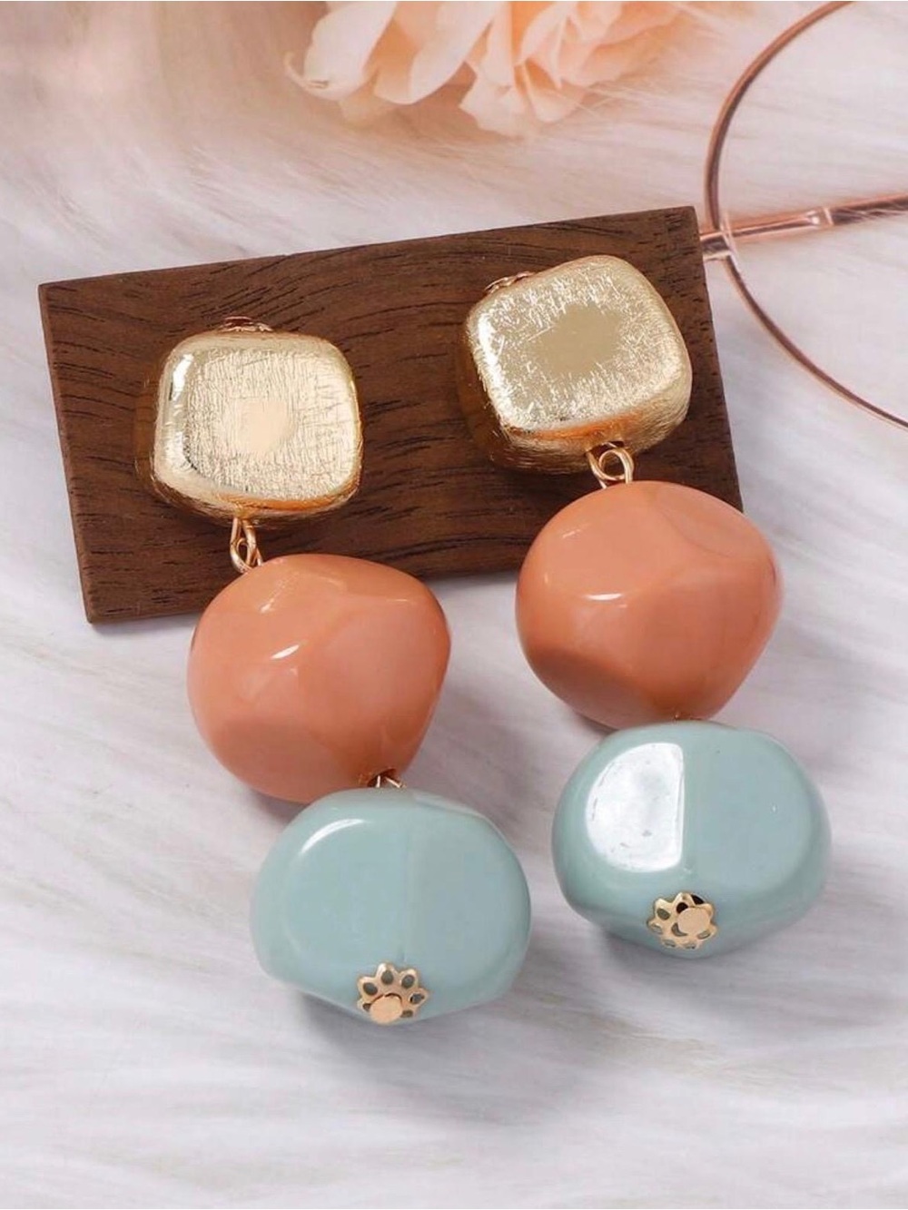 Gold Drop Earrings with Peach and Mint Beads